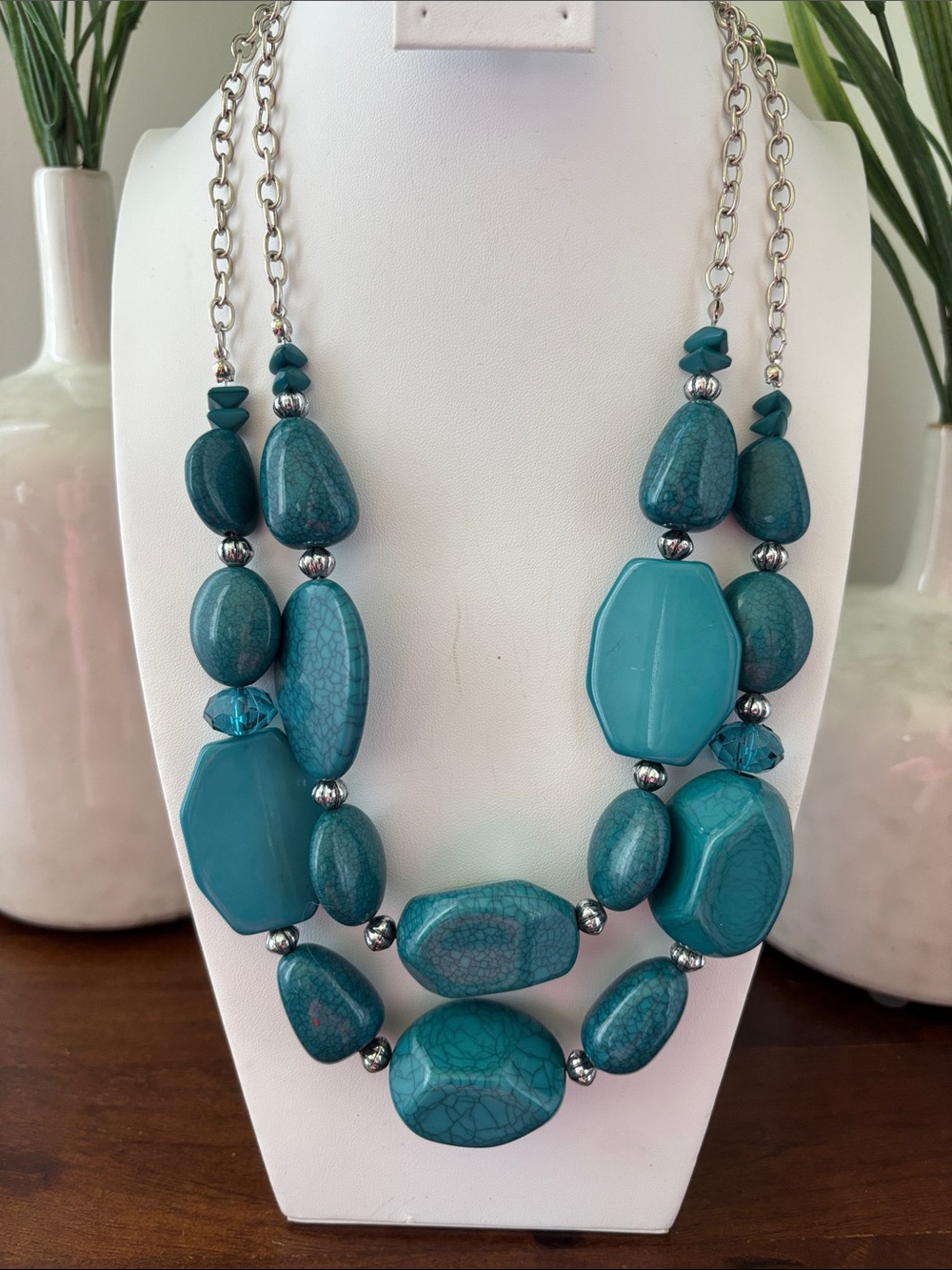 Carol D Studio Chunky 2 Strand Turquoise stones,silver & bezel acrylic spacers